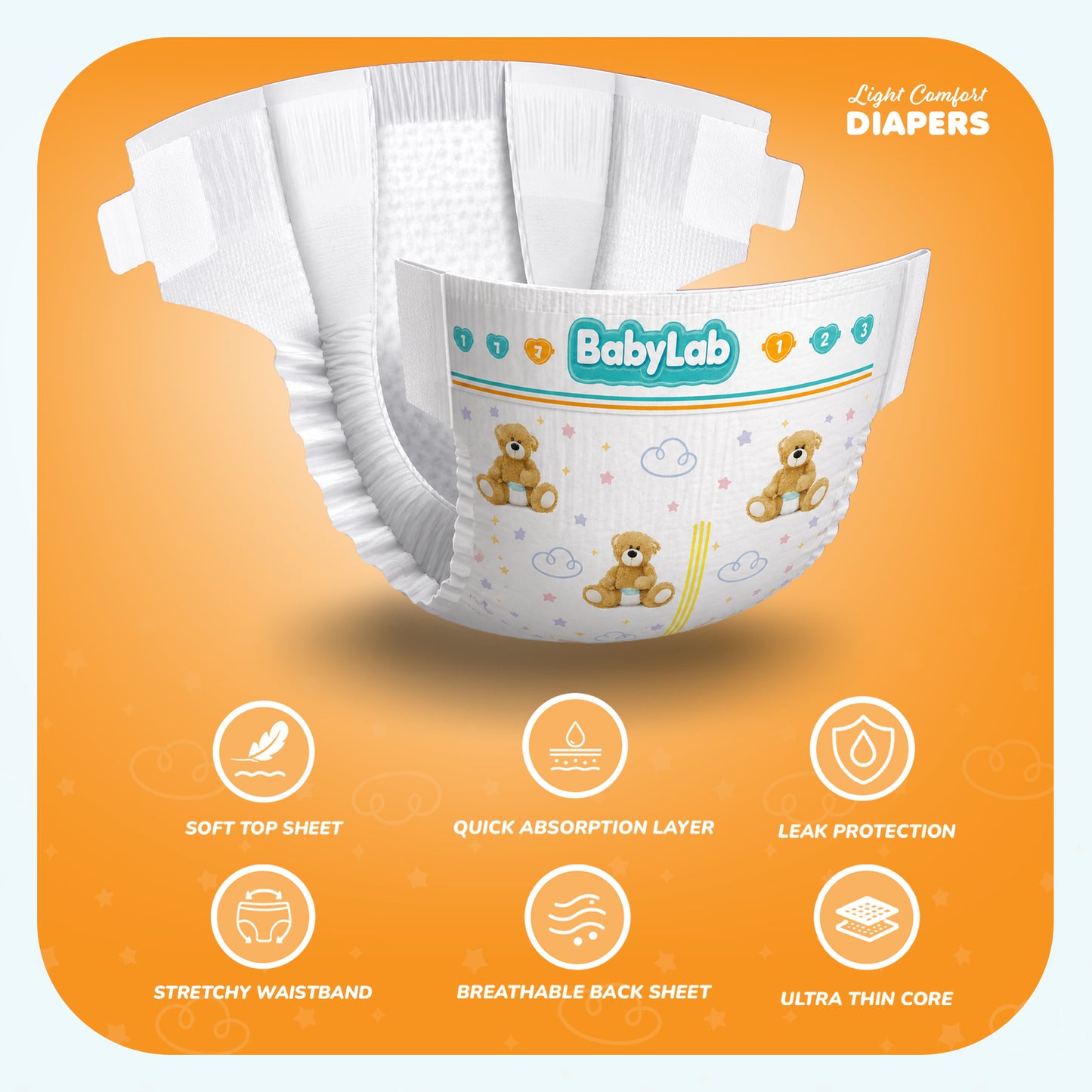 Baby Lab (Light Comfort) Nappy Diapers | Ultra Thin & Soft Baby Nappies (SIZE 1)