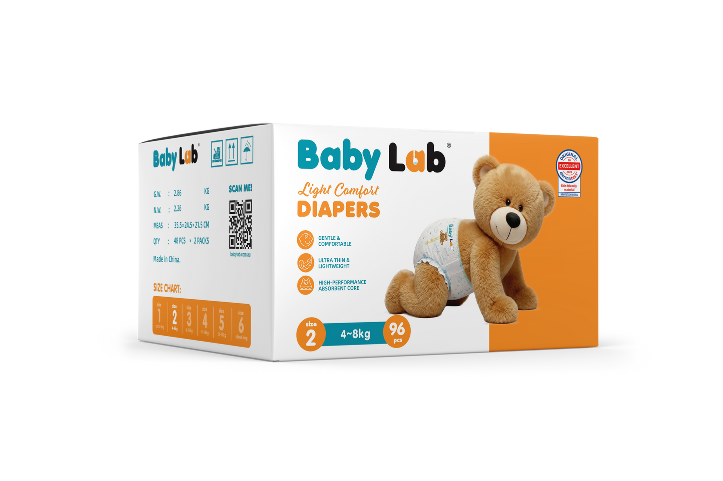 Baby Lab Light Comfort Nappies (Jumbo pack - 96 pcs) - Size 2 (4-8 kg)