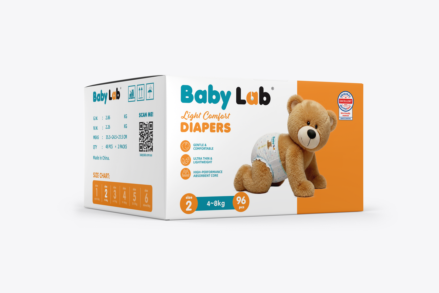 Baby Lab Light Comfort Nappies (Jumbo pack - 96 pcs) - Size 2 (4-8 kg)