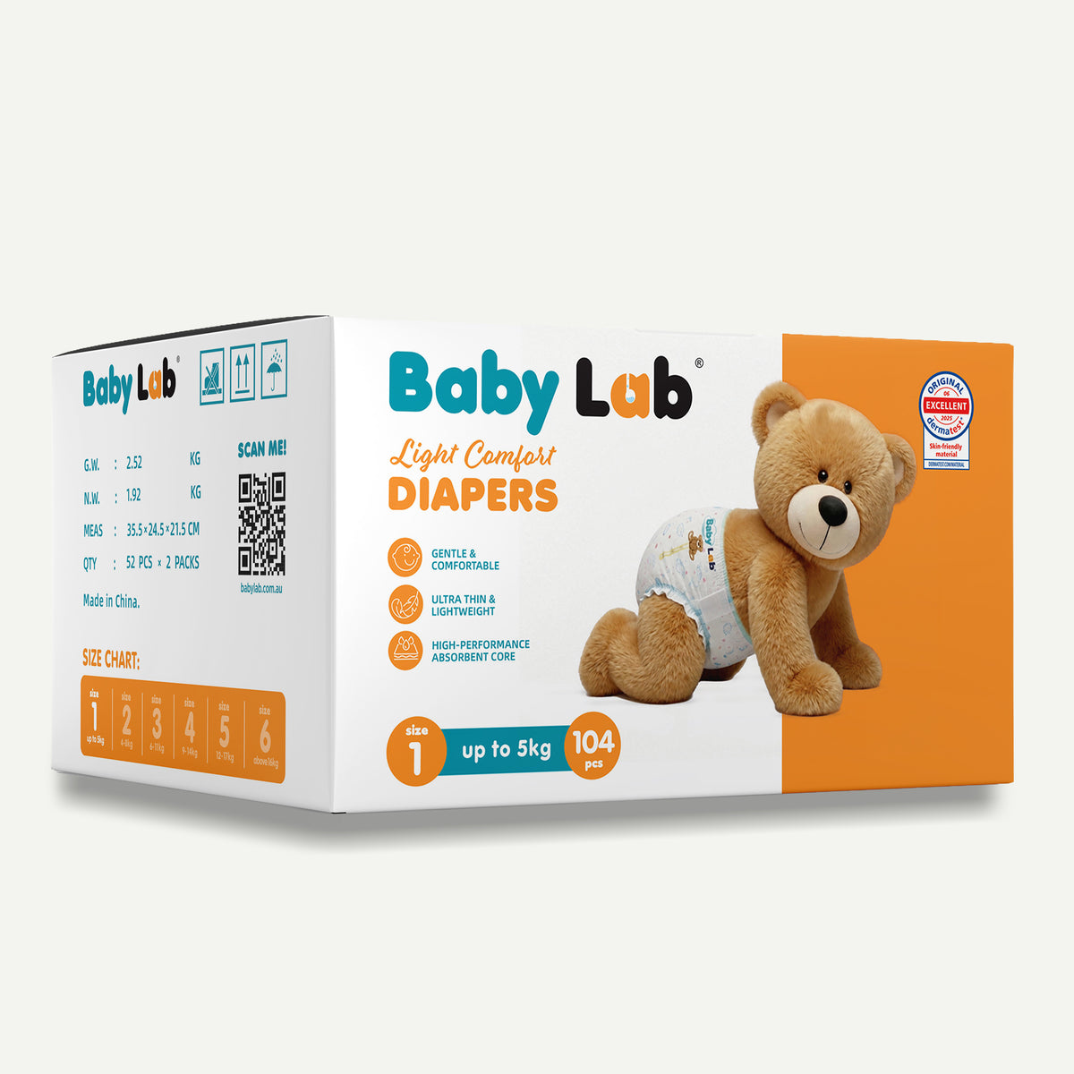 Baby Lab Light Comfort Nappies (Jumbo pack - 104 pcs) - Size 1 ( -5 kg)